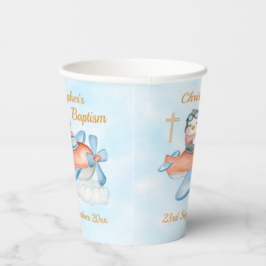 かわいいバプテスムウォーターカラーベビーペンギン飛行機 紙コップ (右)