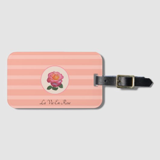 かわいいバラフラワーオンコーラルピンクストライプの ラゲッジタグ (正面横)