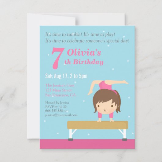 かわいいバランスビーム体操の女の子の誕生日パーティー 招待状 (正面)