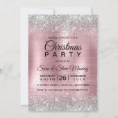かわいいバラ赤面シルバーフェイクグリッタークリスマス 招待状 (正面)