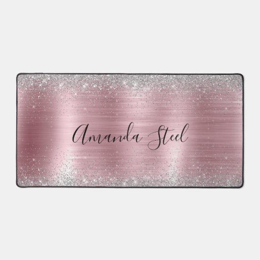 かわいいバラ赤面シルバーフェイクグリッター デスクマット (正面)