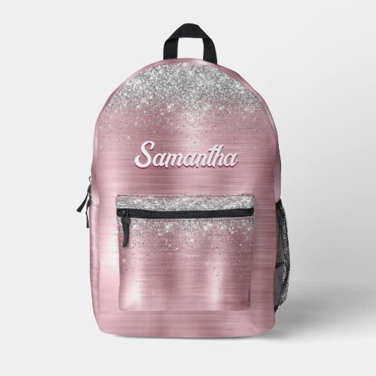 かわいいバラ赤面銀フェイクグリッターモノグラム プリントバックパック (正面)