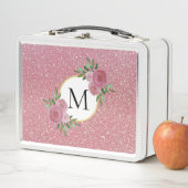 かわいいバラ金ゴールドスパークルピンクフローラモノグラム メタルランチボックス (インサイチュ)