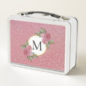 かわいいバラ金ゴールドスパークルピンクフローラモノグラム メタルランチボックス (裏面)