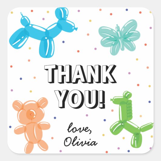 かわいいバルーン動物の誕生日パーティーありがとう スクエアシール (正面)