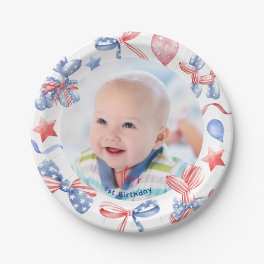 かわいいバルーン4日7月1日の誕生日の写真 ペーパープレート (正面)