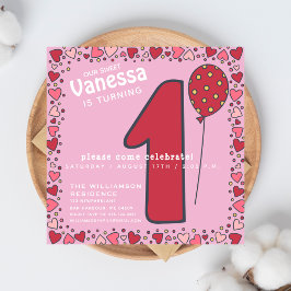 かわいいバルーン – ピンクキッズ1st誕生日招待状 招待状