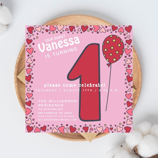 かわいいバルーン – ピンクキッズ1st誕生日招待状 招待状