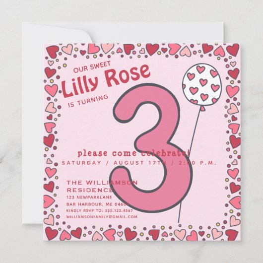 かわいいバルーン – ピンクキッズ3rd誕生日招待状 招待状 (正面)