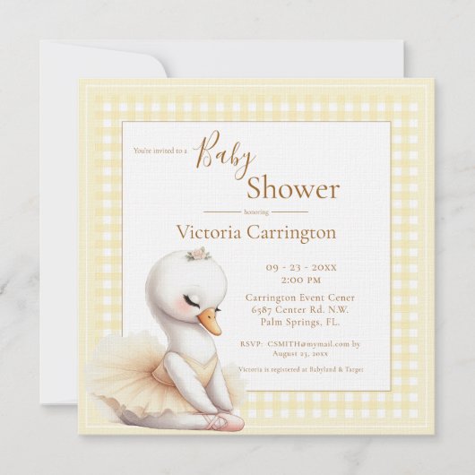 かわいいバレリナイエロープレイドベビーシャワー招待状 (正面)