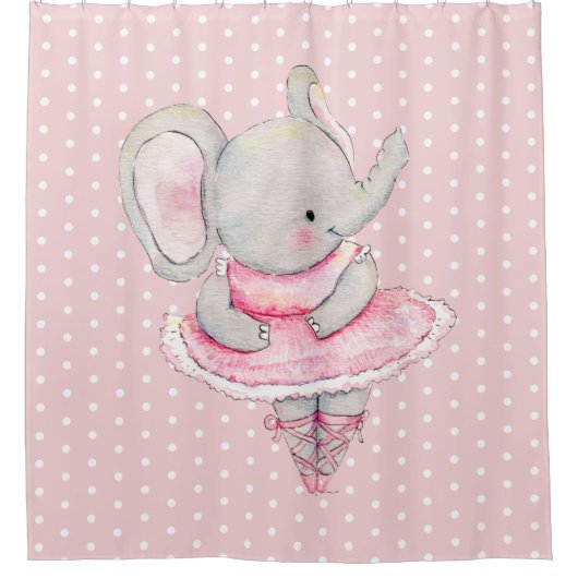 かわいいバレリナエレファントピンクホワイト水玉模様 シャワーカーテン (正面)