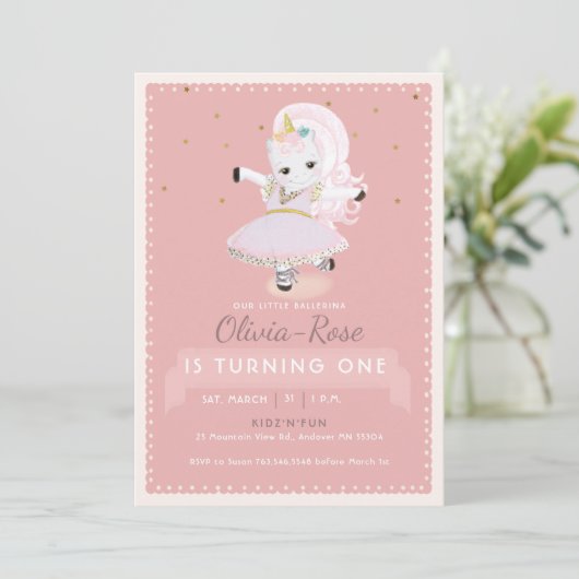 かわいいバレリナユニコーンダスティピンクガール誕生日 招待状 (スタンド正面)