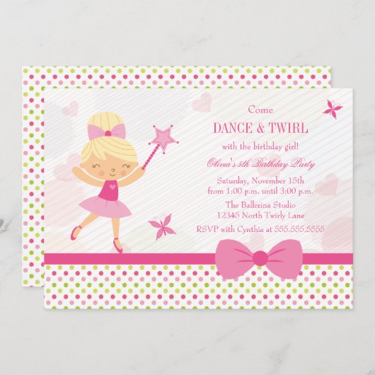 かわいいバレリーナの女の子の誕生日パーティーの招待 招待状 (正面/裏面)