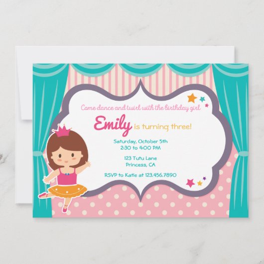 かわいいバレリーナガールピンクバースデーパーティーの招待 招待状 (正面)