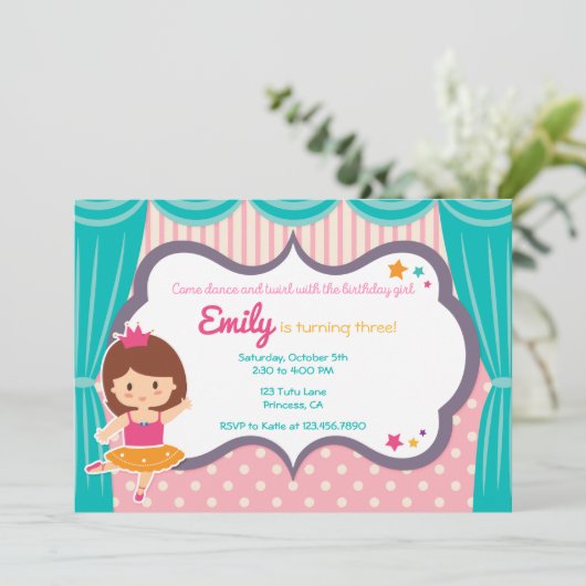 かわいいバレリーナガールピンクバースデーパーティーの招待 招待状 (スタンド正面)