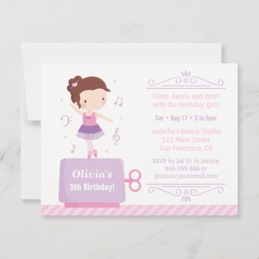 かわいいバレリーナガールミュージックボックス誕生日パーティー 招待状 (正面)