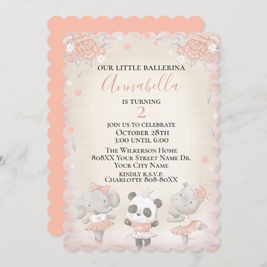 かわいいバレリーナテーマベビーアニマルズガール誕生日 招待状 (正面/裏面)