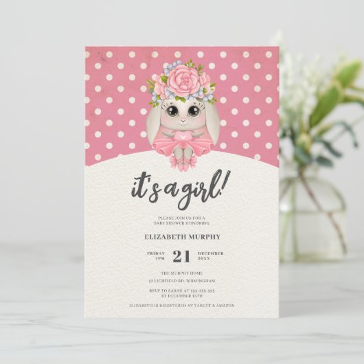 かわいいバレリーナバニーベビーガールベイビーシャワー 招待状 (スタンド正面)