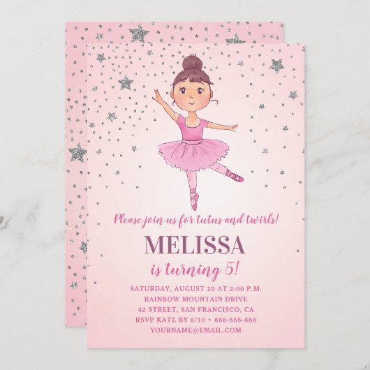 かわいいバレリーナピンクシルバースター |女の子誕生日 招待状 (正面/裏面)