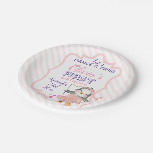 かわいいバレリーナペンギンピンク1歳の誕生日パーティーパップ ペーパープレート (アングル)