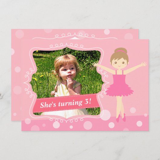 かわいいバレリーナ、ピンクの女の子の誕生会 招待状 (正面/裏面)