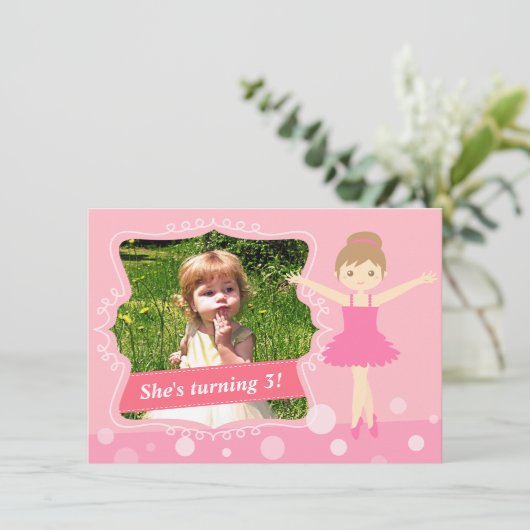 かわいいバレリーナ、ピンクの女の子の誕生会 招待状 (スタンド正面)