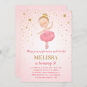 かわいいバレリーナ 水彩 ピンク ゴールドの女の子 誕生日 招待状 (正面/裏面)