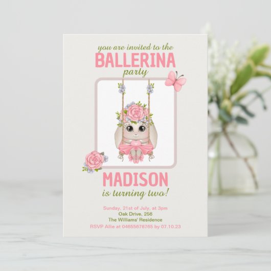 かわいいバレリーナbunny女の子の誕生日ピンクフローラ 招待状 (スタンド正面)