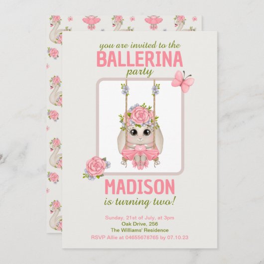 かわいいバレリーナbunny女の子の誕生日ピンクフローラ 招待状 (正面/裏面)