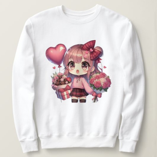 かわいいバレンタインのアニメの女の子 スウェットシャツ (デザイン正面)