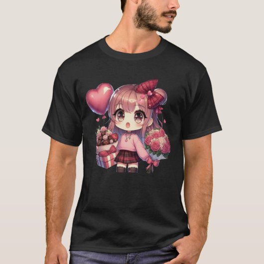 かわいいバレンタインのアニメの女の子 Tシャツ (正面)