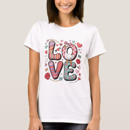 かわいいバレンタインのガチョウのLOVEレタリングと花の落書き Tシャツ