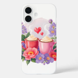 かわいいバレンタインのココアマグと花とハート iPhone 16ケース