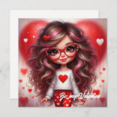 かわいいバレンタインのサッシーな女の子、赤いハート愛 シーズンカード (正面/裏面)