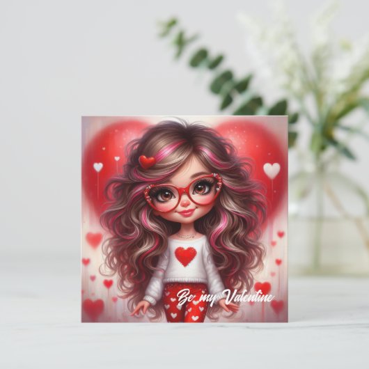 かわいいバレンタインのサッシーな女の子、赤いハート愛 シーズンカード (スタンド正面)
