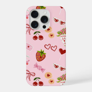 かわいいバレンタインのスイーツとイチゴ柄 iPhone 15 PROケース