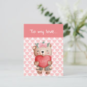 かわいいバレンタインのテディベア愛のハート ポストカード (スタンド正面)