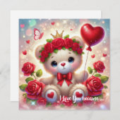 かわいいバレンタインのテディベア赤いハート シーズンカード (正面/裏面)