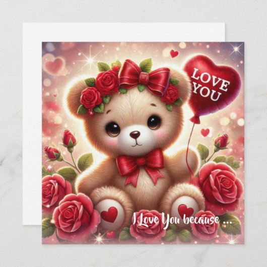 かわいいバレンタインのテディベア 赤いハート シーズンカード (正面/裏面)