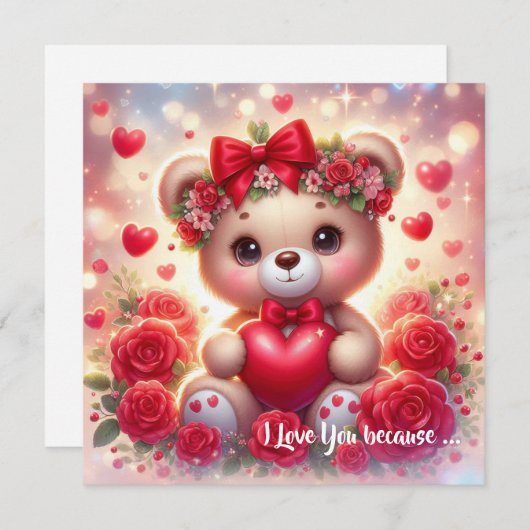 かわいいバレンタインのテディベア 赤いハート シーズンカード (正面/裏面)