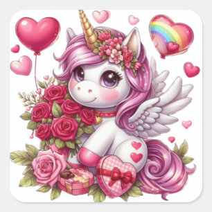かわいいバレンタインのユニコーン スクエアシール