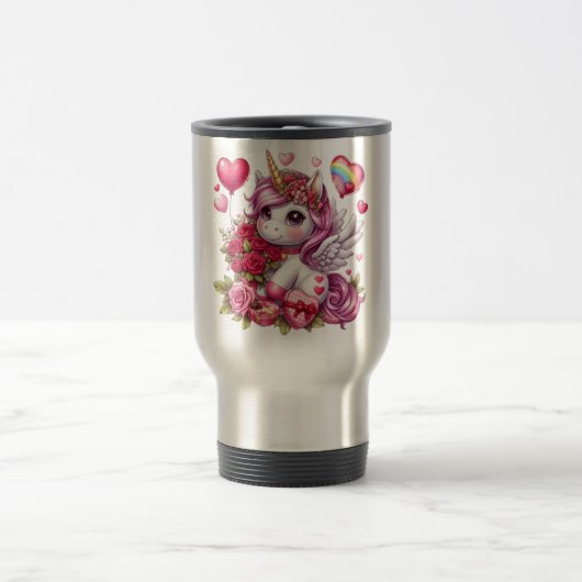 かわいいバレンタインのユニコーン トラベルマグ (中央)