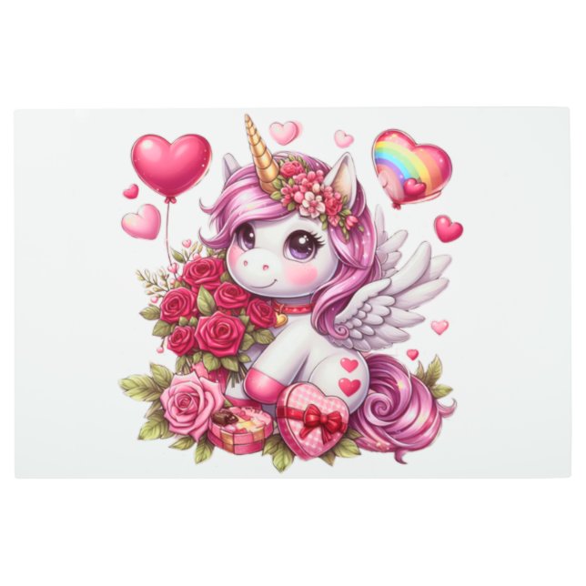 かわいいバレンタインのユニコーン メタルプリント (正面)