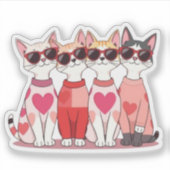かわいいバレンタインの猫のギャング - ハートとサングラスのステッカー シール (正面)