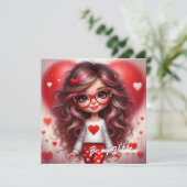 かわいいバレンタインの生意気な女の子と赤いハートの愛 シーズンカード (スタンド正面)