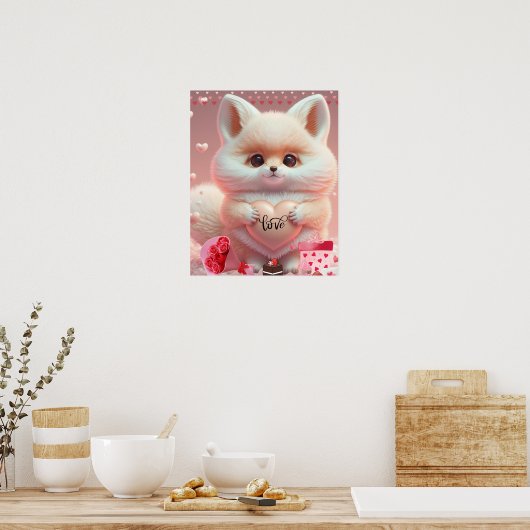 かわいいバレンタインオレンジ色の狐がハートを持って愛の芸術 ポスター (キッチン)