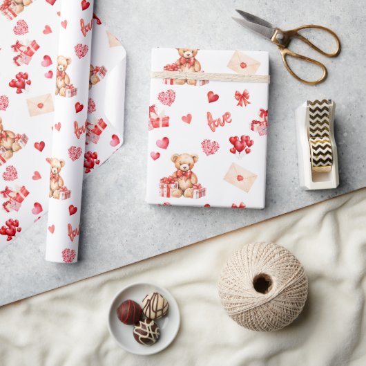 かわいいバレンタインデーと赤いハート ラッピングペーパー (クラフト)