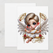 かわいいバレンタインデーのキューピッド フラット ホリデー カード (正面/裏面)