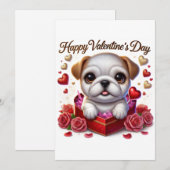 かわいいバレンタインデーのブルドッグ フラット ホリデー カード (正面/裏面)