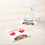 かわいいバレンタインデーの犬のおもしろいハートヘッドバンド スクエアペーパーコースター (インサイチュ)